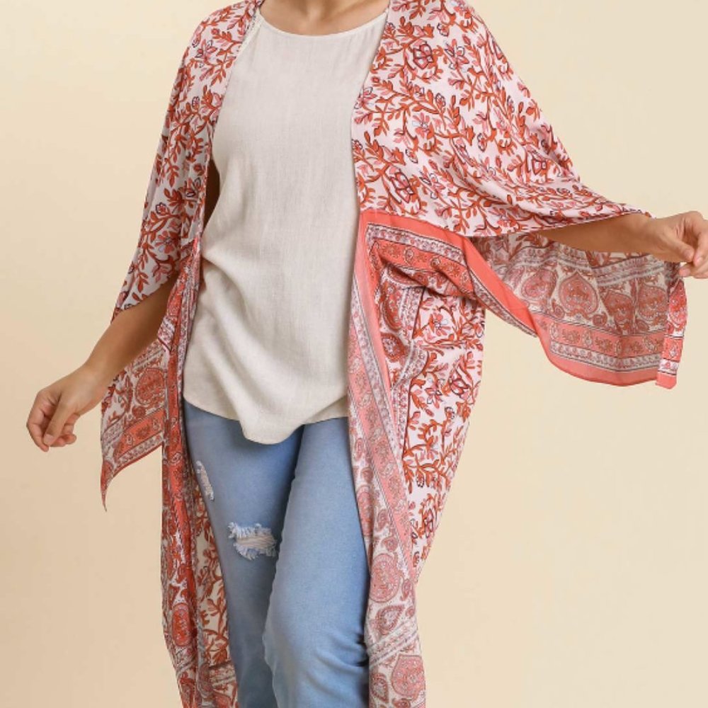 252.Women's Mixed Border Print Open Front Wing Sleeve Asymmetric Hem Kimono NWT - Picture 2 of 4
